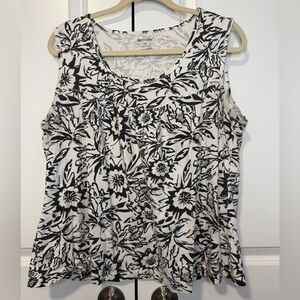 Bay Studio Plus Size 2X Black White Floral Sleeveless Babydoll Top Cotton Tank